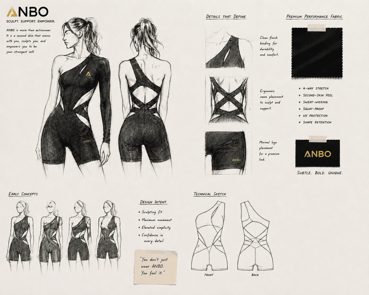 ANBO Jumpsuit V8 design concept — sculpt, support, empower: early sketches, technical flats, and movement studies.