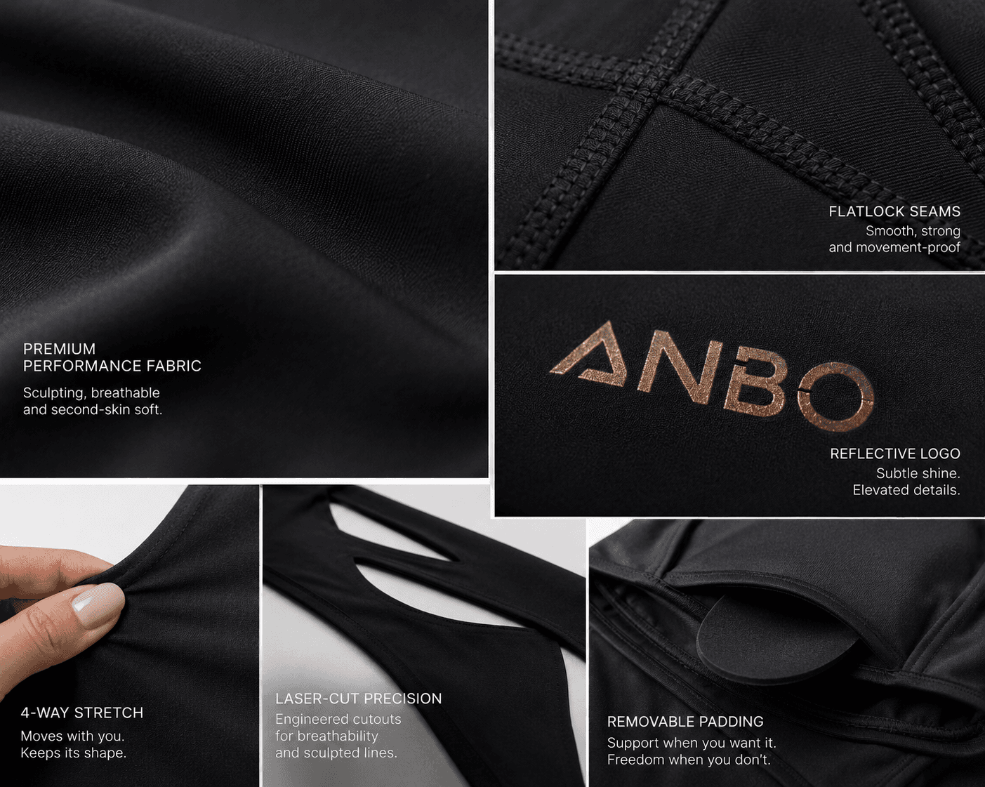 ANBO Jumpsuit V8 — premium performance fabric, flatlock seams, reflective logo, 4-way stretch, laser-cut precision, and removable padding.