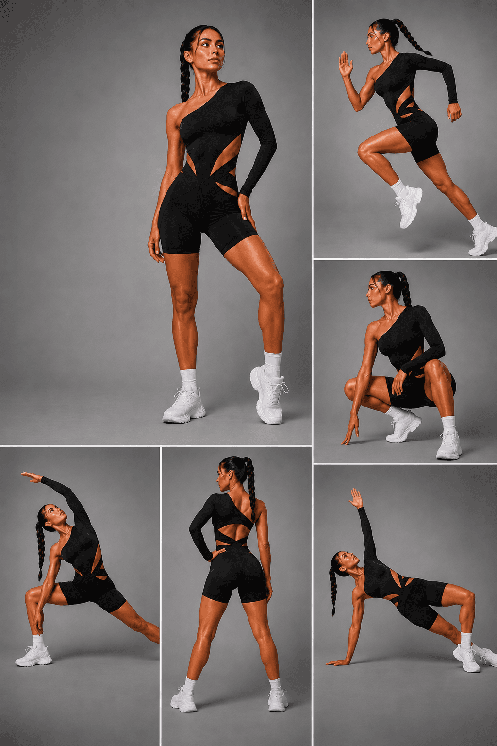 ANBO Jumpsuit V8 — made to move: studio photography showing stretch, balance, and athletic movement in the jumpsuit.