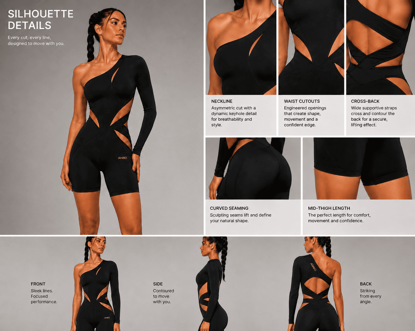 ANBO Jumpsuit V8 — silhouette details: asymmetric one-shoulder, sculpting cutouts, seam lines, contoured panels, and cross-back construction.
